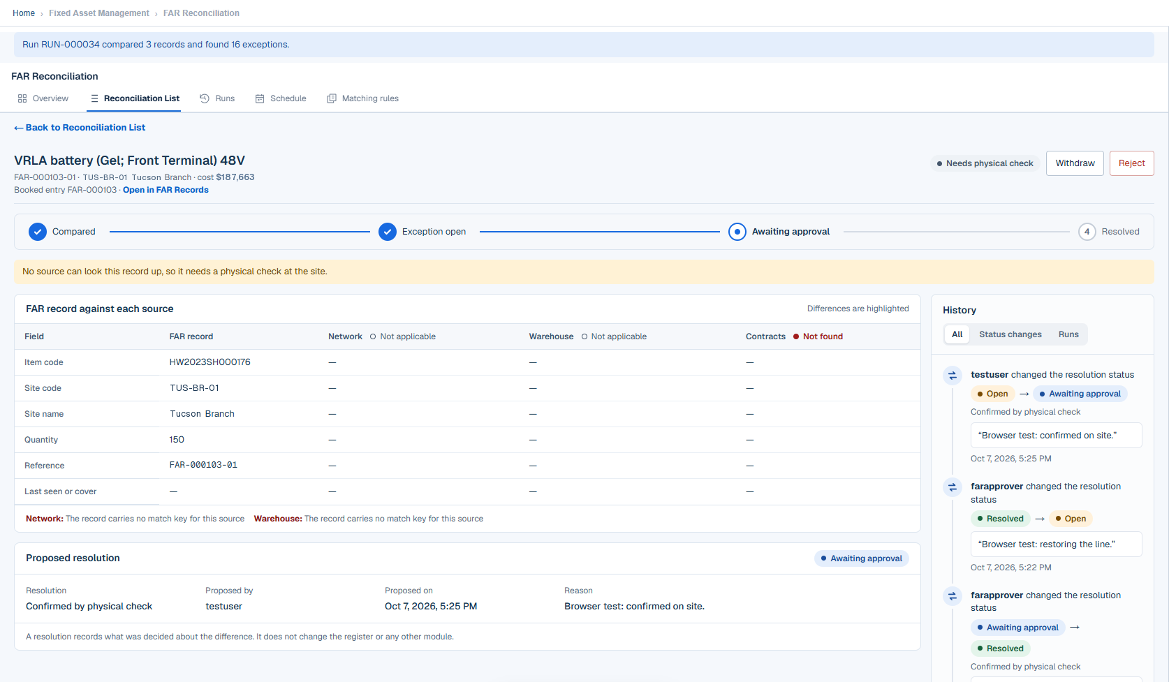 assetziq screen: A resolution awaiting approval, with its history